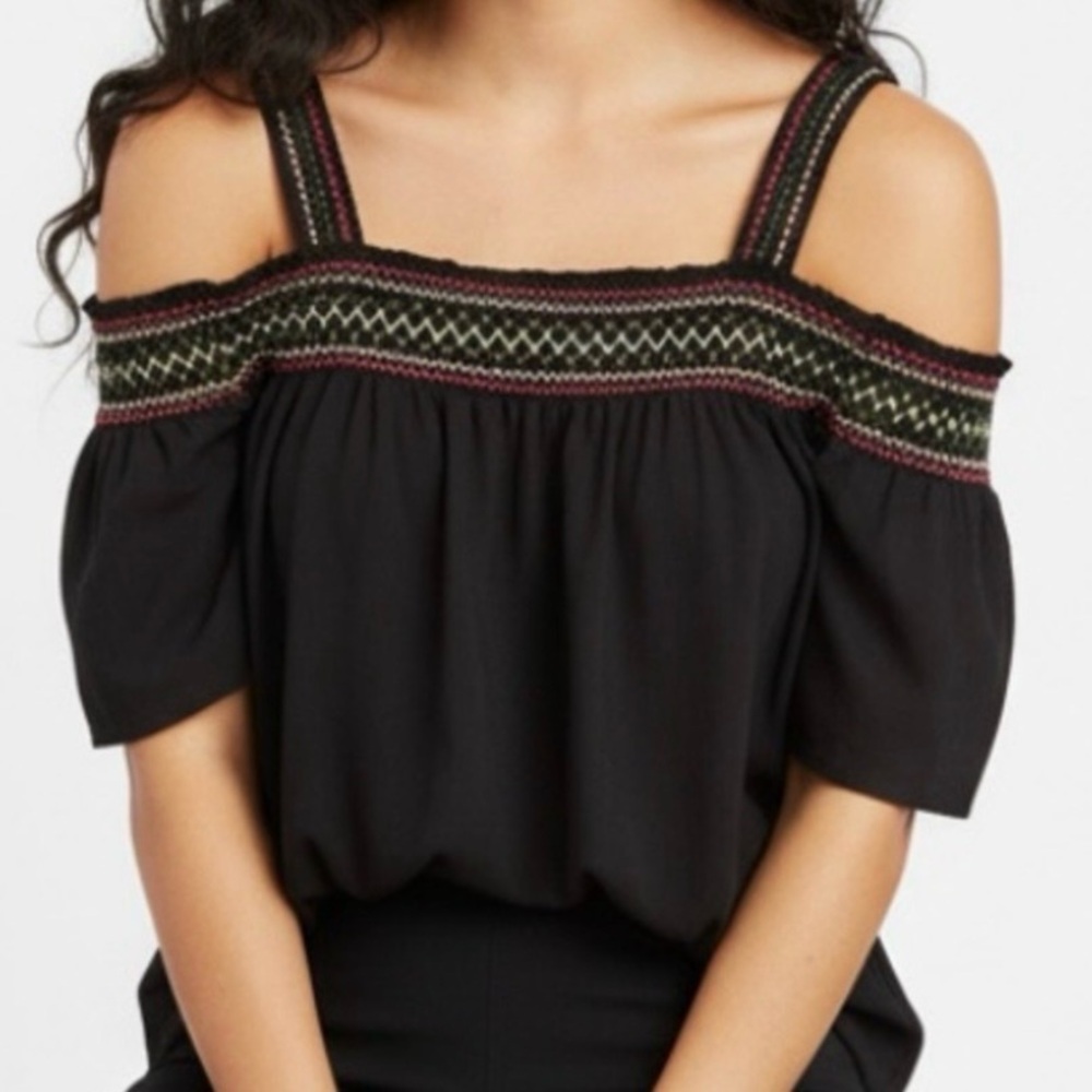 WHBM Top Off the Shoulder Black Embroidered Boho Smocked Relaxed Casual Party M